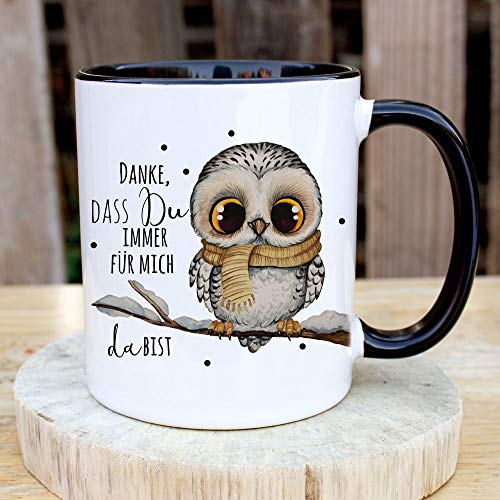 ilka parey wandtattoo-welt Tasse Becher mit Spruch Danke das Du Immer für Mich da bist & Eule auf AST Zweig Motiv Kaffeebecher Geschenk Spruchbecher ts1077 - ausgewählte Farbe: *schwarz-weiß* von ilka parey wandtattoo-welt