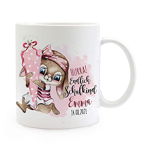 ilka parey wandtattoo-welt Tasse Becher zum Schulanfang Schulstart Hasen Mädchen Schultüte Spruch Hurra endlich Schulkind mit Wunschname + Jahr der Einschulung ts2011 von ilka parey wandtattoo-welt