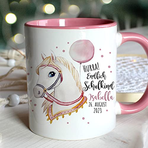 ilka parey wandtattoo-welt Tasse Emaille Becher zum Schulanfang zur Einschulung Pferd Stute mit Halfter Spruch Hurra endlich Schulkind Name Datum ts2127 - ausgewählte Größe: *2. Tasse rosa* von ilka parey wandtattoo-welt