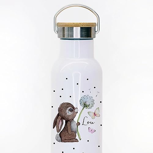 ilka parey wandtattoo-welt Trinkflasche Isolierflasche Trinkbecher Hase Häschen mit Pusteblume & Namen personalisiert nachhaltig mit Bambusdeckel tbd08 - ausgewählte Größe: *Trinkflasche 500ml* von ilka parey wandtattoo-welt