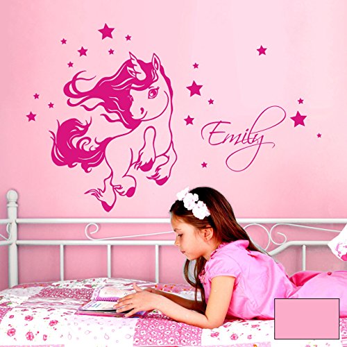 ilka parey wandtattoo-welt Wandtattoo springendes Einhorn Sternen Wunschnamen Wandaufkleber Aufkleber M2091 ausgewählte Farbe: *rosa* ausgewählte Größe: *L - 109cm breit x 70cm hoch* von ilka parey wandtattoo-welt