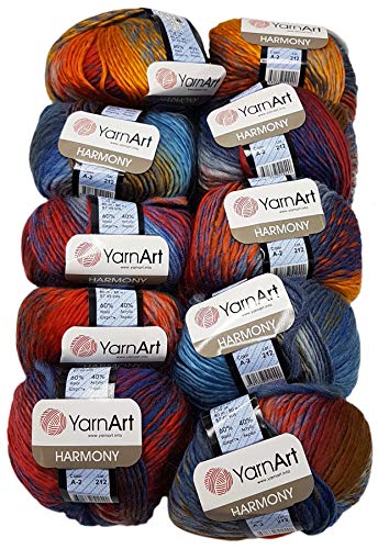 10 x 50 g YarnArt Harmony Strickwolle mehrfarbig mit Farbverlauf, 500 Gramm Strickgarn mit 60% Wolle-Anteil (bordeaux braun blau grau A2) von Ilkadim