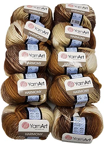 10 x 50 g YarnArt Harmony Strickwolle mehrfarbig mit Farbverlauf, 500 Gramm Strickgarn mit 60% Wolle-Anteil (braun beige creme A14) von Ilkadim