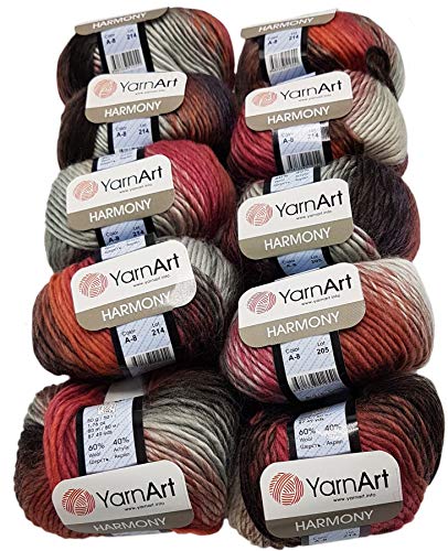 10 x 50 g YarnArt Harmony Strickwolle mehrfarbig mit Farbverlauf, 500 Gramm Strickgarn mit 60% Wolle-Anteil (dunkelbraun bordeaux grau A8) von Ilkadim