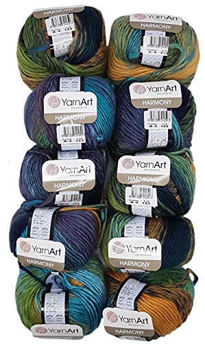 10 x 50 g YarnArt Harmony Strickwolle mehrfarbig mit Farbverlauf, 500 Gramm Strickgarn mit 60% Wolle-Anteil (lila blau ocker grün A4) von Ilkadim