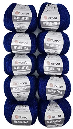 10 x 50g YarnArt Manhattan Viscose - Garn mit Glitzer, 500 Gramm Metallic-Wolle, Effektwolle (royal blau 914) von Ilkadim