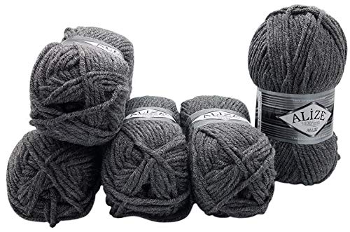 Ilkadim - 5 x 100 Gramm Alize Superlana Maxi Wolle, 500 Gramm Strickwolle 75% Acryl 25% Wolle (grau 182) von Ilkadim