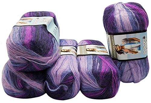 5 x 100 g YarnArt Angora Active Strickwolle mehrfarbig mit Farbverlauf, 500 Gramm Strickgarn mit 25% Mohair Wolle-Anteil (lila flieder rosa 847) von Ilkadim