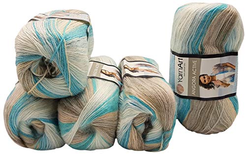 5 x 100 g YarnArt Angora Active Strickwolle mehrfarbig mit Farbverlauf, 500 Gramm Strickgarn mit 25% Mohair Wolle-Anteil (türkis beige creme weiß 852) von Ilkadim