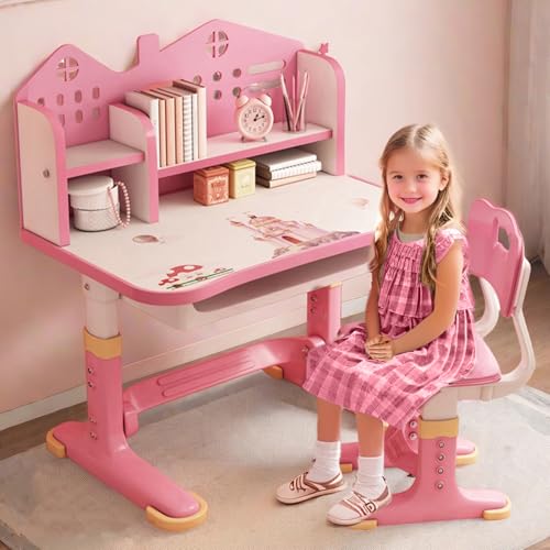Kinder-Schreibtisch- und Stuhl-Set, höhenverstellbar, für Schule, Studium, Tischstuhl-Set mit Astronautenmuster, ergonomischer Schreibtischstuhl mit großer Schreibtafel, Bücherregal und Schublade von ilkqeppe