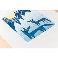 Wölfe | Linolschnitt Linoldruck Blau Gelb A5 von illupetra