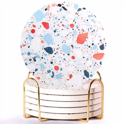 Blue Terrazzo Getränkeuntersetzer mit Halter 6er Set, Keramik Untersetzer für Getränke, Couchtisch Dekor, Wasserabsorbierender Steinuntersetzer für Getränke (Kiesel) von ilohaus