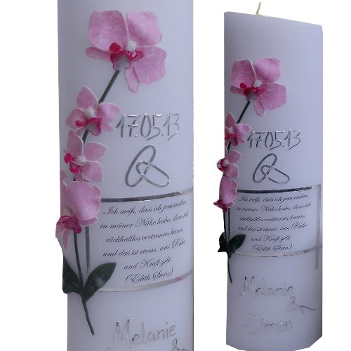 Hochzeitskerze Formkerze 240x66 ORCHIDEE MIT Ihrem TRAUSPRUCH ODER FOTO Mit Namen und Datum rosa rot IH101 von ilonas-lichtermeer