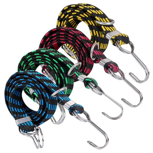 4pcs Bungee-Kabel mit Haken 7 Fuß schwere Anti-Schlupf-Flachbündelgurte tragende rot, grün, gelb, blau elastische Gurte für Gepäck Camping Dachregale bewegte Ladung Gummiband mit Haken von imFreienawn