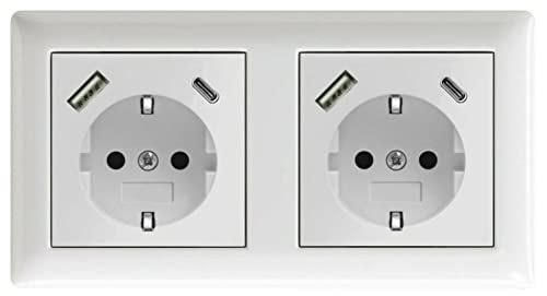 230 V Steckdose mit 1 x USB-A & 1 x USB-C, max. 3.400 mA, Schuko Wandsteckdose Unterputz, passend für Gira System 55 E2, Reinweiß glänzend, Weiß (Doppel-Steckdose) von imabo
