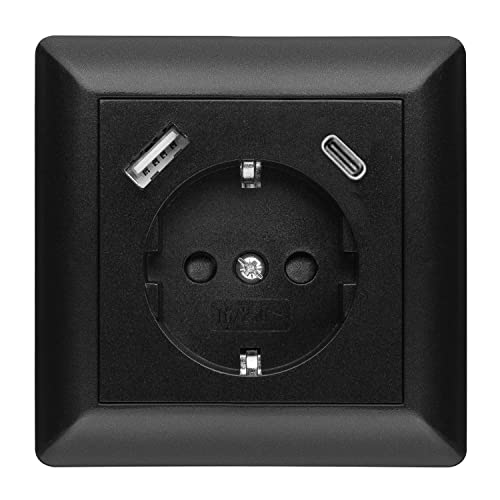 230 V Steckdose mit 1 x USB-A & 1 x USB-C, max. 3.400 mA, Schuko Wandsteckdose Unterputz, passend für Gira System 55 E2, Schwarz matt von imabo