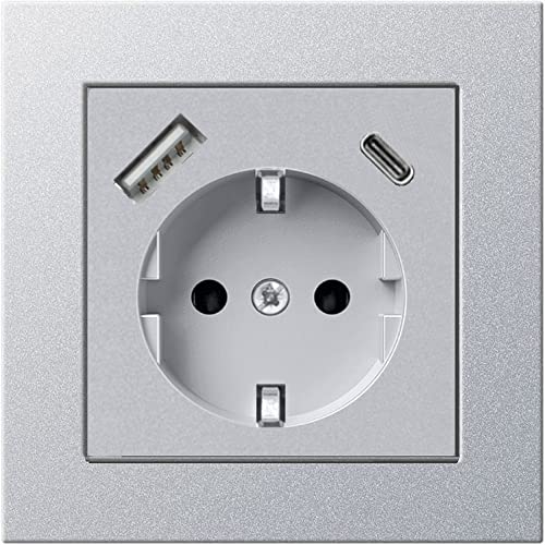 230 V Steckdose mit 1 x USB-A & 1 x USB-C, max. 3.400 mA, Schuko Wandsteckdose Unterputz, passend für Gira System 55 E2, Silber (Alu) von imabo