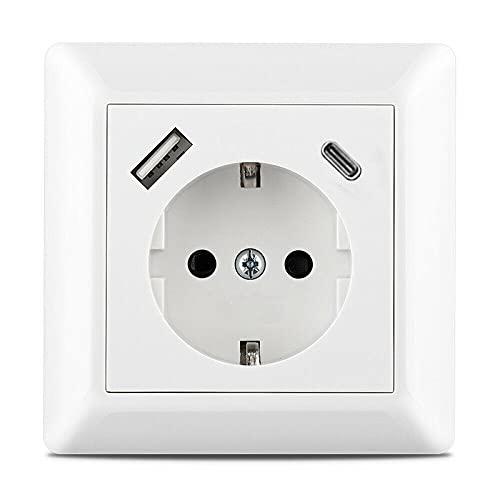 230 V Steckdose mit 1 x USB-A & 1 x USB-C Ladegerät, PD-Charger: max. 18 Watt, Schuko Wandsteckdose Unterputz, passend für Gira System 55 E2, Reinweiß glänzend, Weiß von imabo