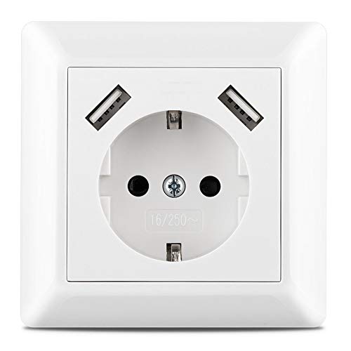 230 V Steckdose mit 2 x USB Ladegeräten, Schuko Wandsteckdose Unterputz, passend für Gira System 55, E2, Reinweiß seidenmatt, Weiß matt, TÜV Rheinland zertifiziert (Einfachsteckdose) von imabo