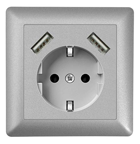 230 V Steckdose mit 2 x USB Ladegeräten, Schuko Wandsteckdose Unterputz, passend für Gira System 55, E2, Silber (Alu), TÜV Rheinland zertifiziert (Einfachsteckdose) von imabo