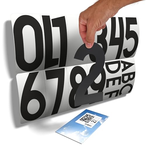 11 große selbstklebende Zahlen (19 cm) und 6 Buchstaben – schwarz – universell einsetzbar auf glattem Untergrund – Hausnummer auf Glastür/Briefkasten oder für jede andere Nummerierung (Schließfach, von imaggge.com