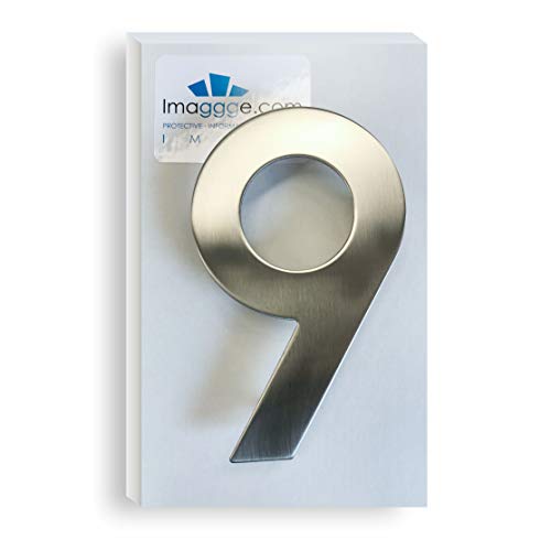 imaggge.COM Hausnummer oder Wohnung – Ziffern aus gebürstetem Edelstahl (Qualität 304) – passende Befestigungen aus Edelstahl – 15 cm Höhe – Tiefe 1,8 cm – Nummer 9 von imaggge.com