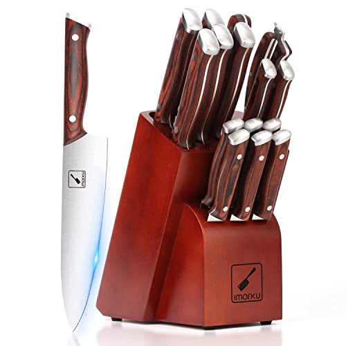 imarku Messerblock - 16 TLG Profi Messer Set mit Block, Steak Messerset, Full-Tang Edelstahl Küchenmesser, Premium Holzgriff Kochmesser, Allzweckschere, Holz Messerblock mit Aufgerüsteten Messer Slots von imarku