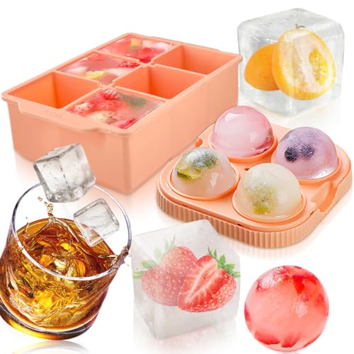 imatenn Set 2 Eiswürfelbehälter, Silikon Eiswürfelform Kugel 6.5cm Eiswürfel Form Groß Rund + Große Quadratische Eiswürfel 5cm- eiswürfelschalen XXL -Eiskugelformer für Coktails Whisky Eiskaffee von imatenn