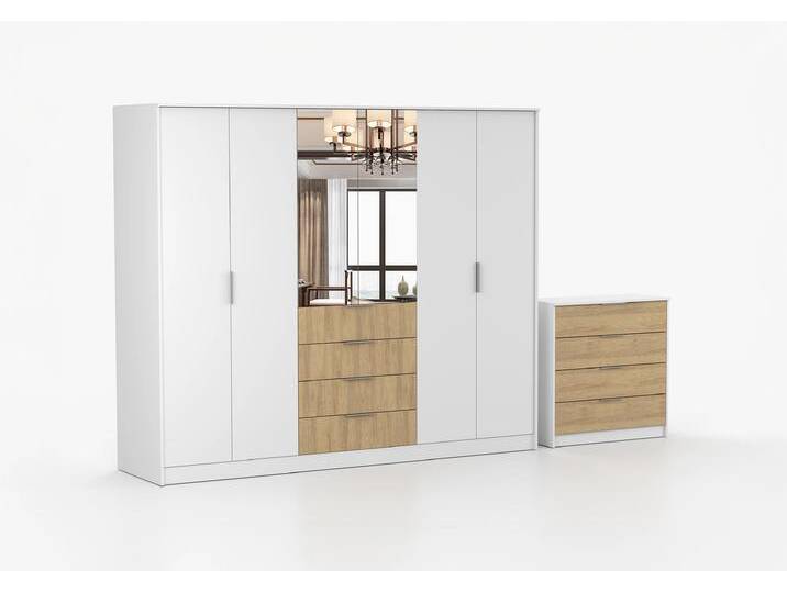 Drehtürenschrank und Kommode 2er-Set GALAXY/GALAXY 4S Weiß Weiß + Hickory Eiche von imoebel24