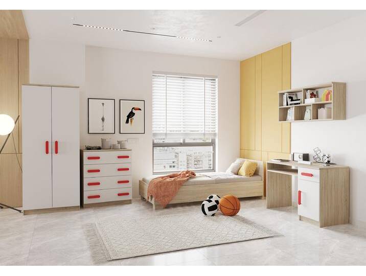 Kinderzimmer Komplett - Set JONAS III 05 (5-teilig) Sonoma Eiche Weiß Rot von imoebel24