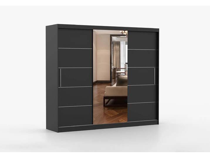 Schwebetürenschrank ALBA I 250 cm Schwarz Schwarz + Spiegel Ohne LED-Beleuchtung Schwebetürenschrank ALBA I 250 cm Schwarz Schwarz + Spiegel Ohne LED-Beleuchtung von imoebel24