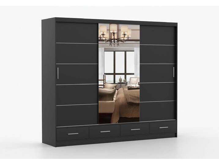 Schwebetürenschrank FLORENCE 250 cm Schwarz Schwarz + Spiegel von imoebel24