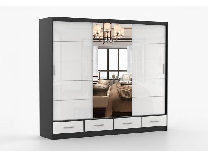 Schwebetürenschrank FLORENCE S 250 cm Schwarz Weiß Semigloss + Spiegel von imoebel24