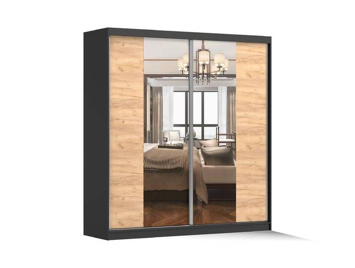 Schwebetürenschrank MULTI 34 203 cm Schwarz Craft Eiche Gold + Spiegel Schwebetürenschrank MULTI 34 203 cm Schwarz Craft Eiche Gold + Spiegel von imoebel24