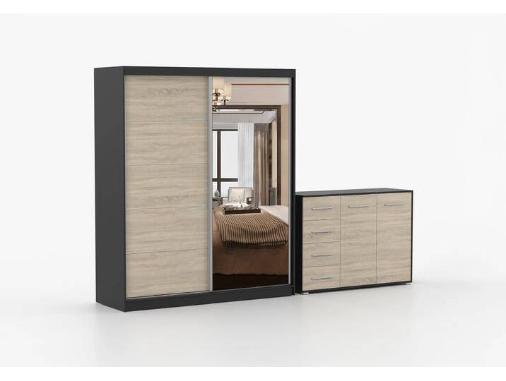 Schwebetürenschrank und Kommode 2-er Set BELLA 03/FRIDA 01 Schwarz Sonoma Eiche + Spiegel Schwebetürenschrank und Kommode 2-er Set BELLA 03/FRIDA 01 Schwarz Sonoma Eiche + Spiegel von imoebel24