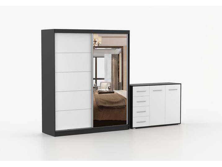 Schwebetürenschrank und Kommode 2-er Set BELLA 03/FRIDA 01 Schwarz Weiß + Spiegel von imoebel24