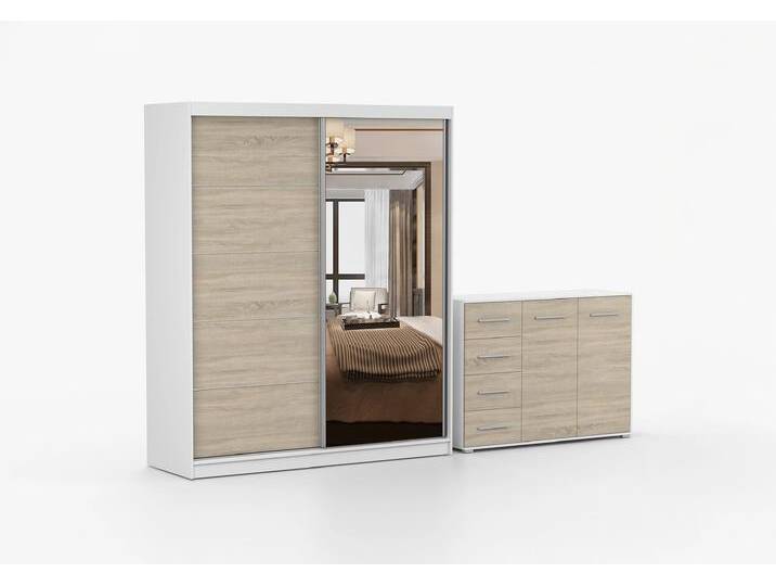 Schwebetürenschrank und Kommode 2-er Set BELLA 03/FRIDA 01 Weiß Sonoma Eiche + Spiegel Schwebetürenschrank und Kommode 2-er Set BELLA 03/FRIDA 01 Weiß Sonoma Eiche + Spiegel von imoebel24