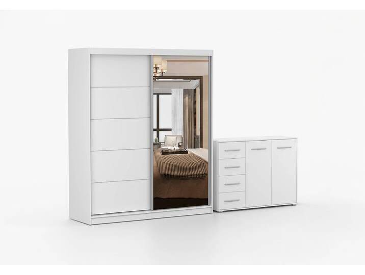 Schwebetürenschrank und Kommode 2-er Set BELLA 03/FRIDA 01 Weiß Weiß + Spiegel Schwebetürenschrank und Kommode 2-er Set BELLA 03/FRIDA 01 Weiß Weiß + Spiegel von imoebel24