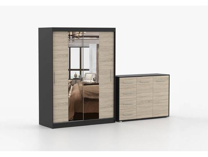 Schwebetürenschrank und Kommode 2-er Set VISTA 01/FRIDA 01 Schwarz Sonoma Eiche + Spiegel Schwebetürenschrank und Kommode 2-er Set VISTA 01/FRIDA 01 Schwarz Sonoma Eiche + Spiegel von imoebel24