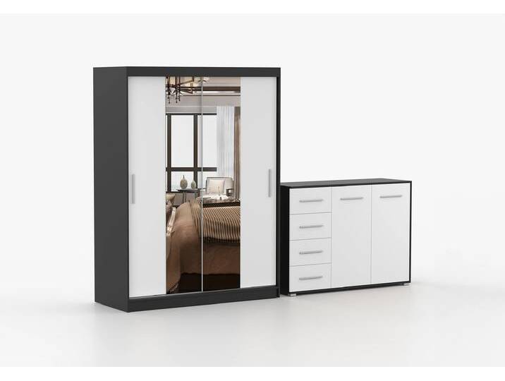 Schwebetürenschrank und Kommode 2-er Set VISTA 01/FRIDA 01 Schwarz Weiß + Spiegel Schwebetürenschrank und Kommode 2-er Set VISTA 01/FRIDA 01 Schwarz Weiß + Spiegel von imoebel24