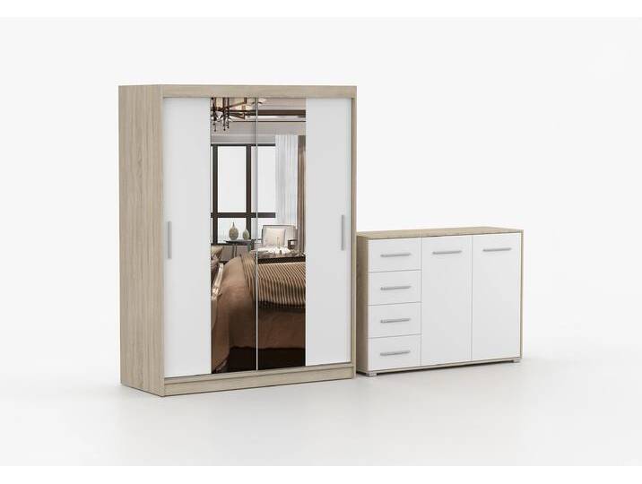 Schwebetürenschrank und Kommode 2-er Set VISTA 01/FRIDA 01 Sonoma Eiche Weiß + Spiegel Schwebetürenschrank und Kommode 2-er Set VISTA 01/FRIDA 01 Sonoma Eiche Weiß + Spiegel von imoebel24