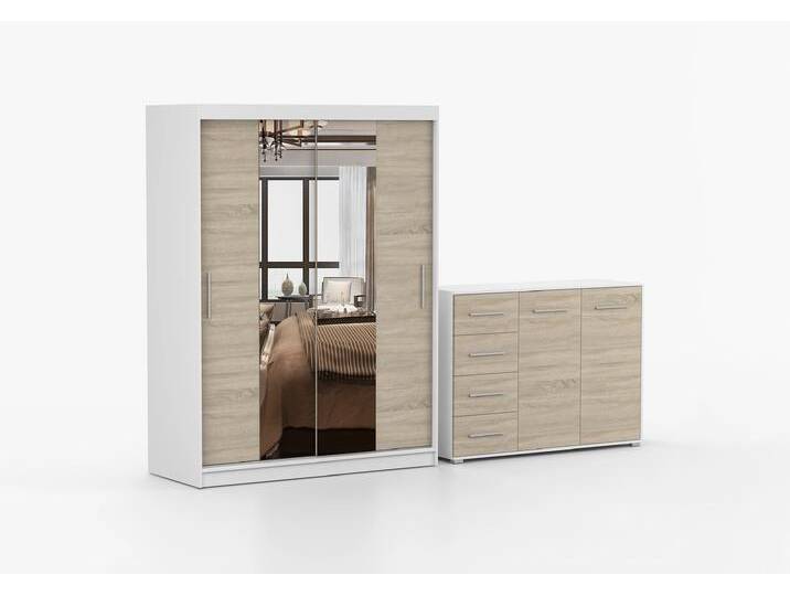 Schwebetürenschrank und Kommode 2-er Set VISTA 01/FRIDA 01 Weiß Sonoma Eiche + Spiegel Schwebetürenschrank und Kommode 2-er Set VISTA 01/FRIDA 01 Weiß Sonoma Eiche + Spiegel von imoebel24