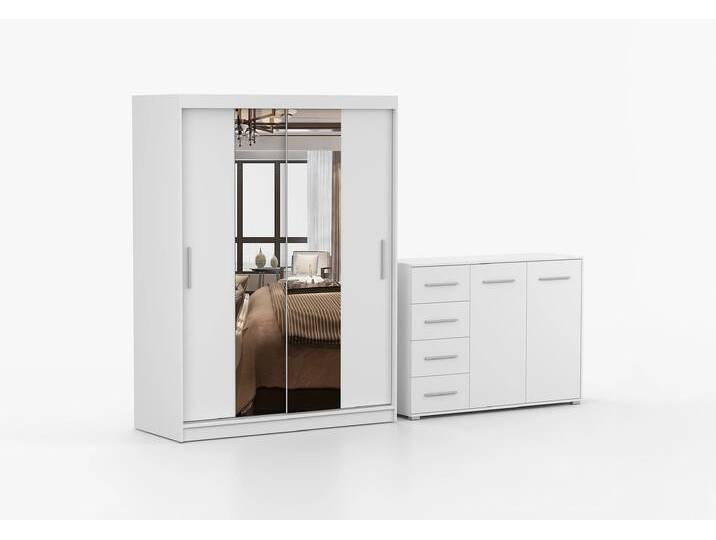 Schwebetürenschrank und Kommode 2-er Set VISTA 01/FRIDA 01 Weiß Weiß + Spiegel Schwebetürenschrank und Kommode 2-er Set VISTA 01/FRIDA 01 Weiß Weiß + Spiegel von imoebel24