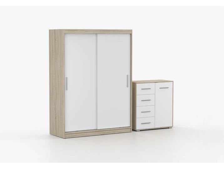 Schwebetürenschrank und Kommode 2-er Set VISTA 04/FRIDA MINI 01 Sonoma Eiche Weiß von imoebel24