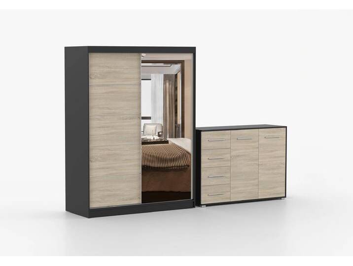 Schwebetürenschrank und Kommode 2-er Set VISTA 05/FRIDA 01 Schwarz Sonoma Eiche + Spiegel Ohne LED-Beleuchtung Schwebetürenschrank und Kommode 2-er Set VISTA 05/FRIDA 01 Schwarz Sonoma Eiche + Spiegel Ohne LED-Beleuchtung von imoebel24