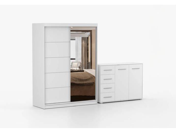 Schwebetürenschrank und Kommode 2-er Set VISTA 05/FRIDA 01 Weiß Weiß + Spiegel Ohne LED-Beleuchtung Schwebetürenschrank und Kommode 2-er Set VISTA 05/FRIDA 01 Weiß Weiß + Spiegel Ohne LED-Beleuchtung von imoebel24