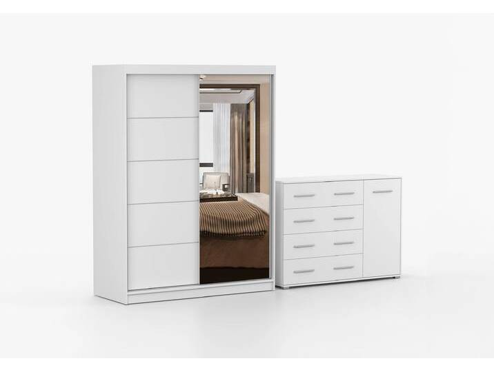 Schwebetürenschrank und Kommode 2-er Set VISTA 05/FRIDA 02 Weiß Weiß + Spiegel Ohne LED-Beleuchtung Schwebetürenschrank und Kommode 2-er Set VISTA 05/FRIDA 02 Weiß Weiß + Spiegel Ohne LED-Beleuchtung von imoebel24