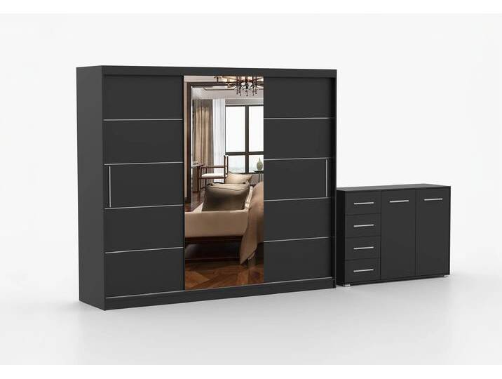 Schwebetürenschrank und Kommode 2er-Set ALBA I/FRIDA 01 Schwarz Schwarz + Spiegel von imoebel24