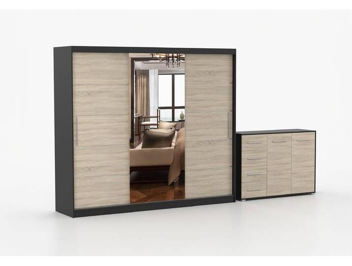 Schwebetürenschrank und Kommode 2er-Set ALBA I/FRIDA 01 Schwarz Sonoma Eiche + Spiegel Schwebetürenschrank und Kommode 2er-Set ALBA I/FRIDA 01 Schwarz Sonoma Eiche + Spiegel von imoebel24