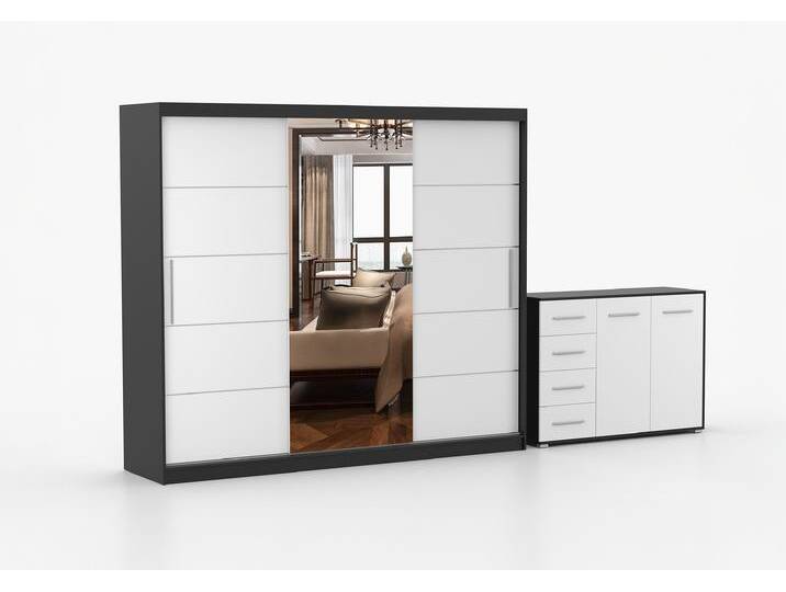 Schwebetürenschrank und Kommode 2er-Set ALBA I/FRIDA 01 Schwarz Weiß + Spiegel Schwebetürenschrank und Kommode 2er-Set ALBA I/FRIDA 01 Schwarz Weiß + Spiegel von imoebel24